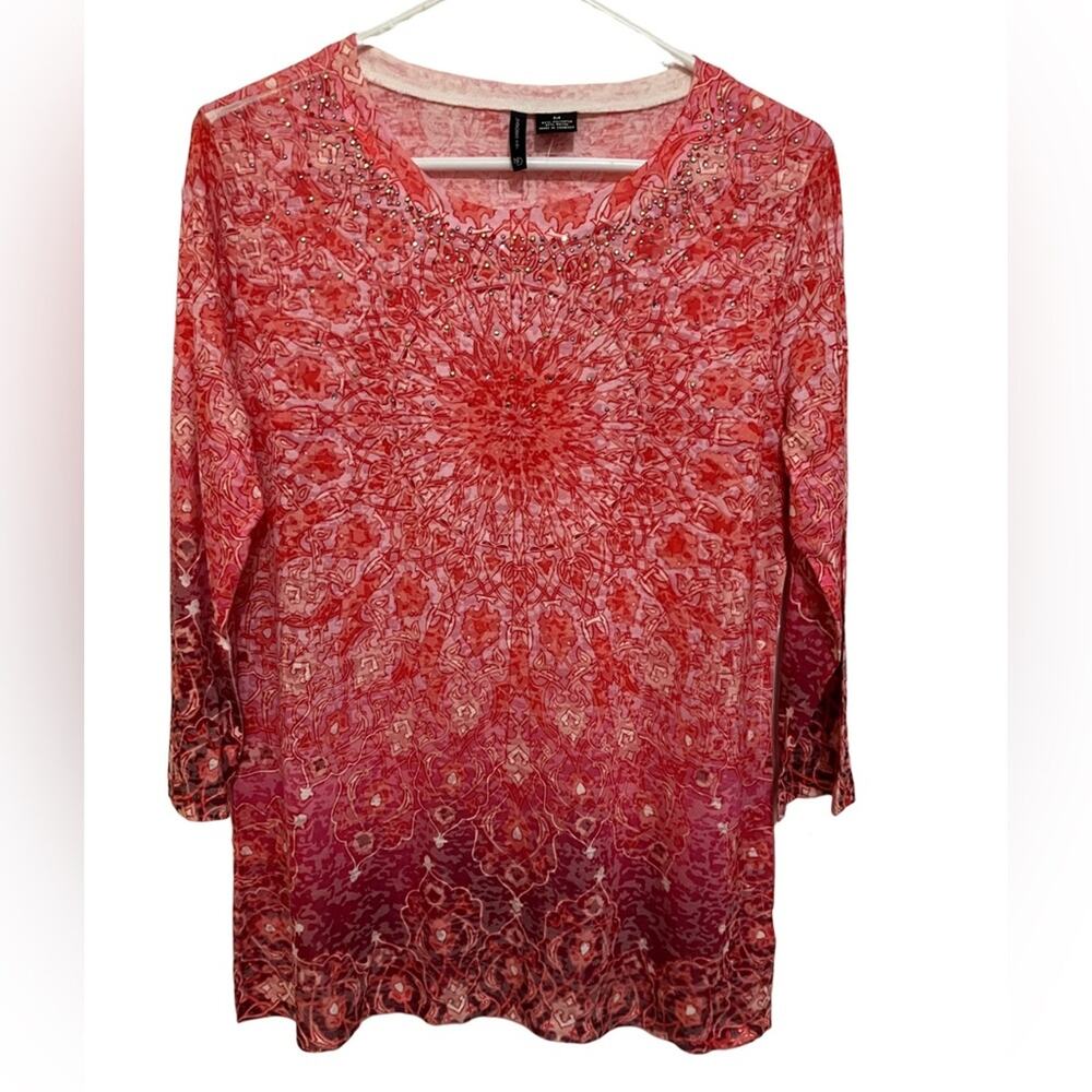 New Directions Red Graphic Long Sleeve Blouse